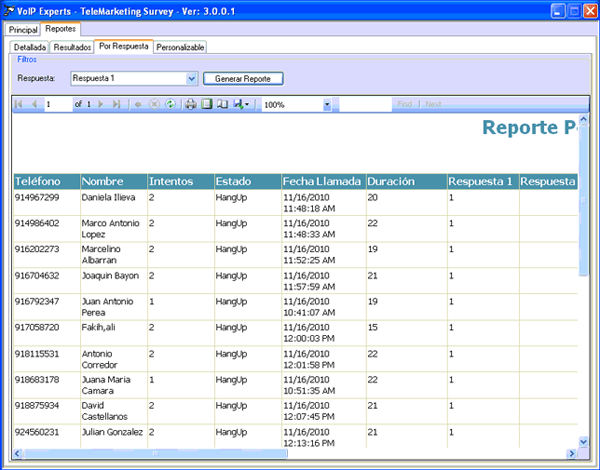 reporte de respuestas software encuestas telefonicas